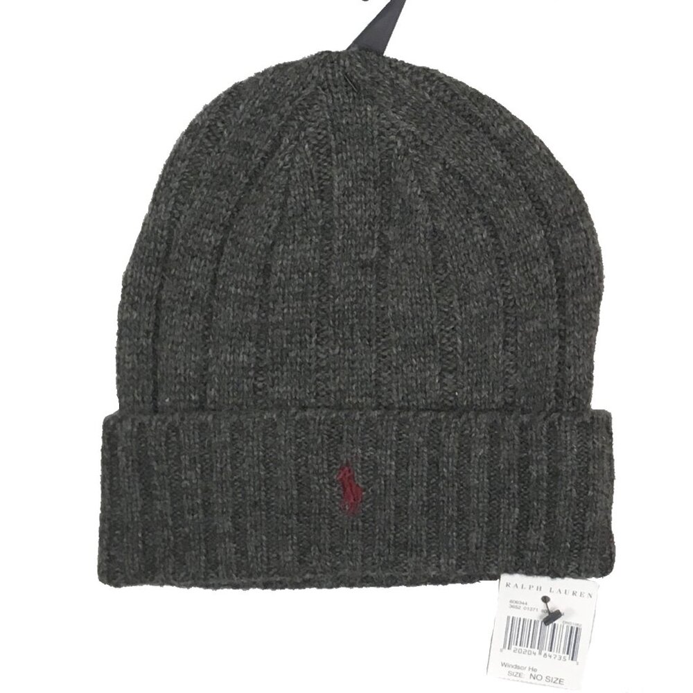 NEW Polo Ralph Lauren Winter Beanie Hat! Gray With Maroon Polo Player Ribbed